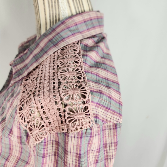 Route 66 Multi Plaid Pink Lace Shoulders Long Sleeve Button Down Top Sz XLarge - Picture 6 of 10